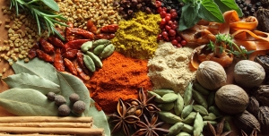 عکس با کیفیت ترکیب گیاهان ، ادویه ها ، مواد پخت و پز و سبزیجات بر روی زمینه سرامیکی