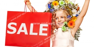 عکس با کیفیت تبلیغاتی دختر بچه ی زیبا که موهای او با گل های رنگارنگ تزئین شده و ساک کاغذی خرید که روی آن به انگلیسی کلمه تخفیف چاپ شده
