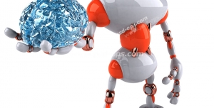 عکس با کیفیت تبلیغاتی ربات با یک مغز آبی در دست