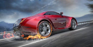 عکس با کیفیت تبلیغاتی خودرو قرمز که زیر چرخ عقب آن آتش گرفته