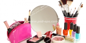 عکس با کیفیت تبلیغاتی آینه بزرگ لاک رژ کیف لوازم آرایش و ظرف با انواع براش