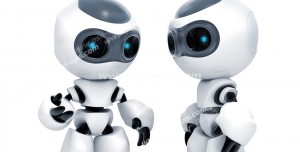 عکس با کیفیت تبلیغاتی دو ربات در حال ارتباط
