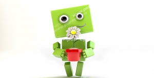 طرح فانتزی ربات یا آدم آهنی سبز رنگ با گلدان قرمز گل در دست