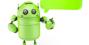 عکس با کیفیت تبلیغاتی ربات سبز با دیالوگ باکس سبز