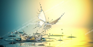 عکس با کیفیت تبلیغاتی پروانه ای جنس آب بیرون آمده از آب دریاچه در حال پرواز به سمت نور