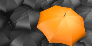 عکس با کیفیت تبلیغاتی چتر نارنجی در بین چتر های مشکی