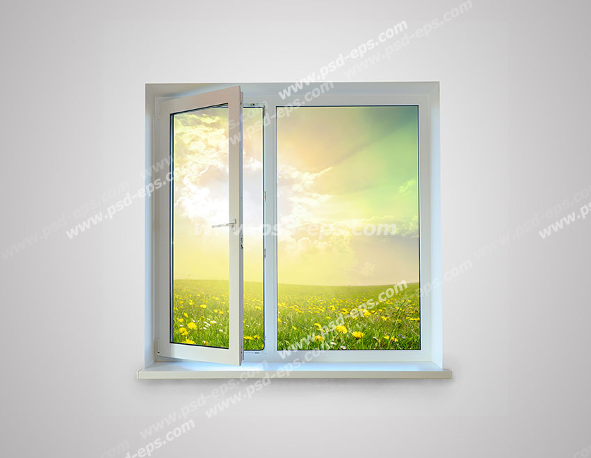 عکس با کیفیت پنجره دو جداره باز شده به سمت دشت سرسبز و نصب شده در خانه