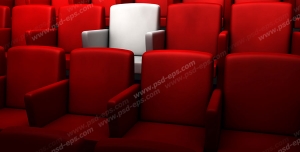 عکس با کیفیت تبلیغاتی سالن سینما یا آمفی تئاتر با صندلی های قرمز و یک صندلی سفید بین آن ها