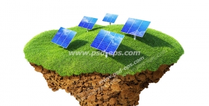 عکس با کیفیت تبلیغاتی دیجیتالی پنج صفحه مبدل انرژی خورشیدی به الکتریکی روی یک تکه از زمین چمن جدا شده