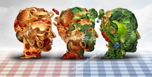 عکس با کیفیت تبلیغاتی سه سر انسان در حال تبدیل از فست فود به سبزیجات