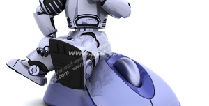 عکس با کیفیت تبلیغاتی ربات نشسته به روی یک موس