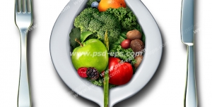 عکس با کیفیت تبلیغاتی بشقاب به شکل برگ که داخل آن میوه و سبزیجات است و چاقو و چنگال