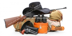 لوازم شکار شامل کلاه لبه دار ، اسلحه شکاری ، کوله پشتی به همراه چاقو ، پتو و کیسه خواب ، کلت ، دوربین شکاری همراه با کیف