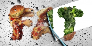 عکس با کیفیت تبلیغاتی شیشه پاک کن در حال پاک کردن شیشه آلوده و پیدا شدن سبزیجات از پشت فست فود