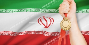 عکس با کیفیت تبلیغاتی پرچم ایران و مدال در دست مرد
