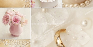عکس با کیفیت تبلیغاتی دو حلقه زیبا و مروارید و شمع و گلدان و کارت عروسی