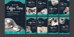 طرح آماده لایه باز بنر استوری اینستاگرام در 9 طرح مختلف با تصاویر با کیفیت با موضوع کافی شاپ و قهوه خانه و قهوه