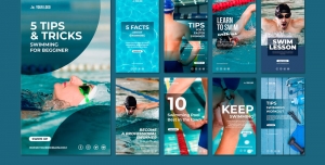 طرح آماده لایه باز بنر استوری اینستاگرام در 9 طرح مختلف با تصاویر با کیفیت با موضوع استخر و آموزش شنا و مسابقه شنا و مجموعه آبی