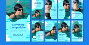 طرح آماده لایه باز بنر استوری اینستاگرام در 9 طرح مختلف با تصاویر با کیفیت با موضوع آموزش شنا و مسابقه شنا و استخر و مجموعه آبی