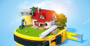عکس با کیفیت تبلیغاتی خانه و نقشه و سطل رنگ و غلطک به روی یک سانتیمتر بزرگ