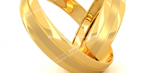 عکس با کیفیت تبلیغاتی دو رینگ طلا زنانه و مردانه درون هم که به شکل قلب در آمده است