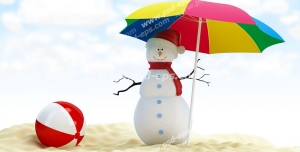 عکس با کیفیت تبلیغاتی چتر رنگارنگ در دست آدم برفی لب ساحل