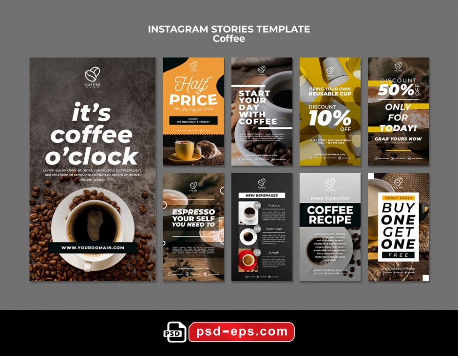 بنر استوری اینستاگرام در 9 طرح مختلف با تصاویر با کیفیت با موضوع کافی شاپ و قهوه فروشی و قهوه خانه