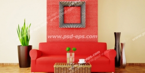 عکس با کیفیت تبلیغاتی مبل دو نفره قرمز و گلدان و میز