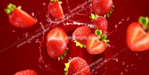 عکس با کیفیت تبلیغاتی توت فرنگی ها در حال افتادن در داخل ظرف آب
