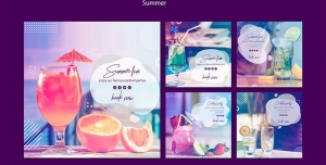 دانلود طرح آماده لایه باز بنر پست اینستاگرام در 5 طرح مختلف با تصاویر با کیفیت با تم رنگی بنفش و موضوع آبمیوه فروشی
