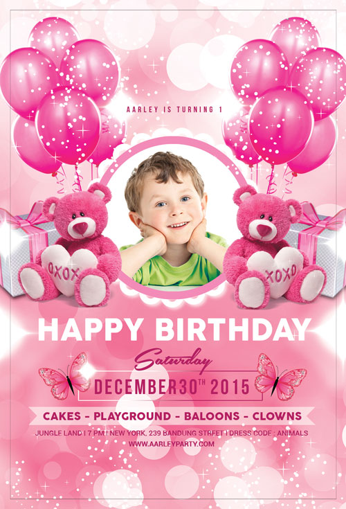 پوستر یا کارت دعوت لایه باز جشن تولد کودکان با رنگ صورتی و تصاویر عروسک