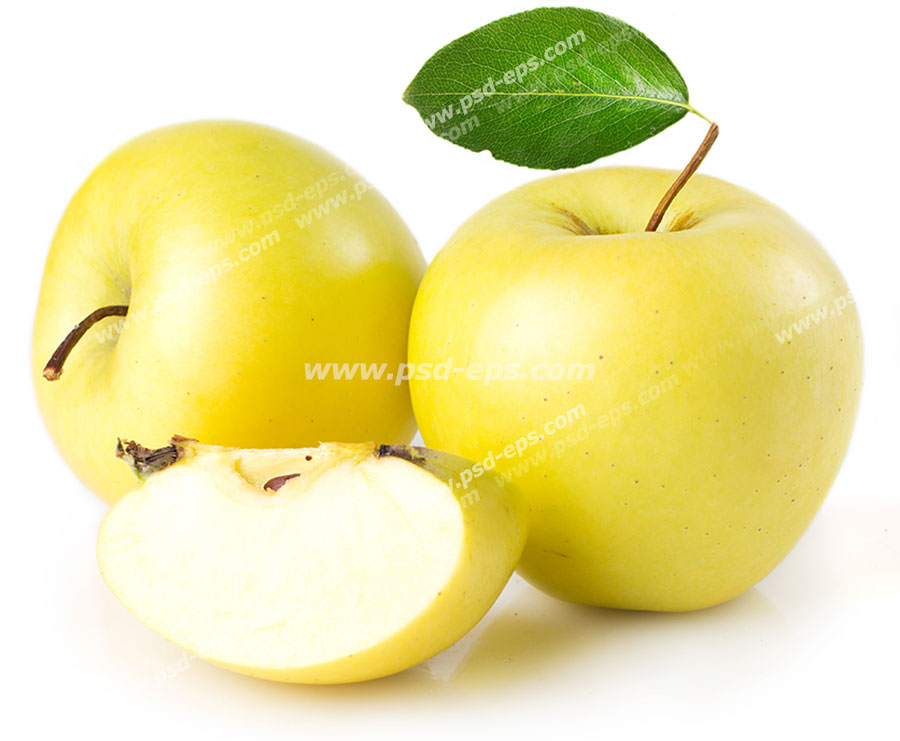 عکس با کیفیت دو عدد سیب زرد تازه با برگ در کنار برشی از سیب - لایه ...